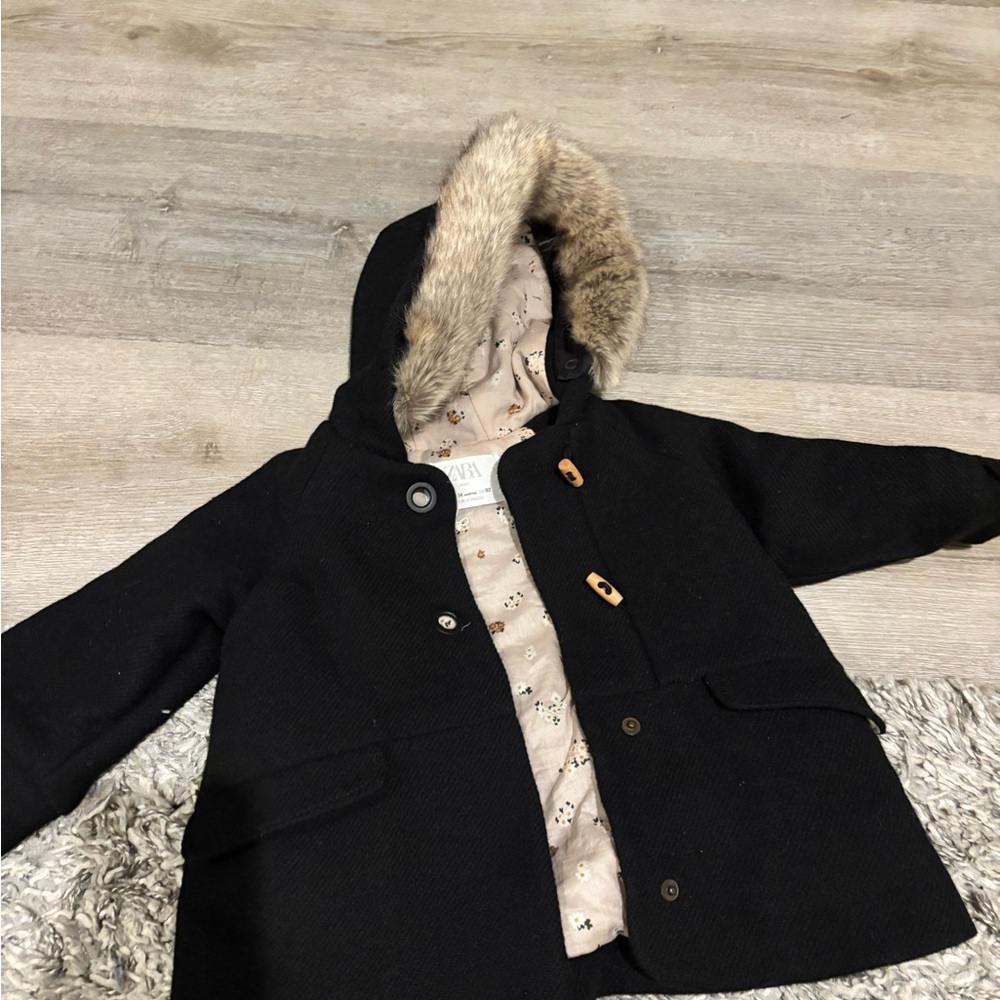 Zara Black Kids Hooded Pea Coat with Faux Fur Trim
